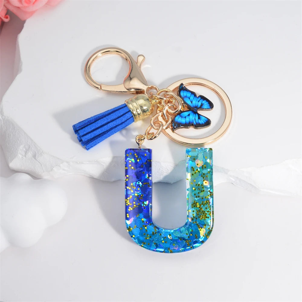 26 English Alphabet Letter Tassels Keychain Crystal Acrylic Butterfly Pendent Key Chain Women Gift Fashion Jewelry Accessories