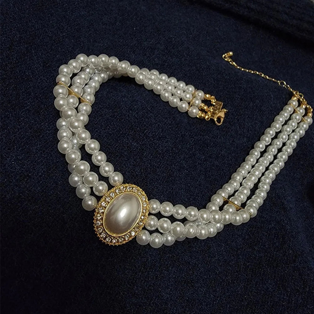 Women Elegant Pearl Double Layers Necklace Earrings Exquisite Vintage Classic Chains For Lady Party Wedding Retro Jewelry Choker