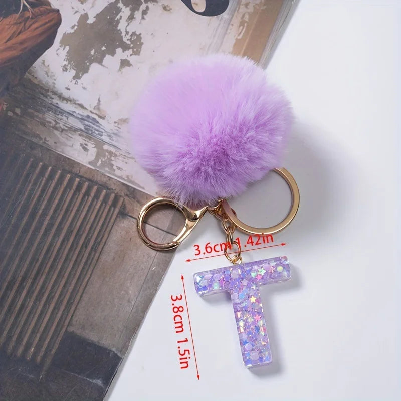 A-Z 26 Alphabet Letter keychain resin star sequin key ring cute purple plush ball keychain women's bag pendant fashion gift