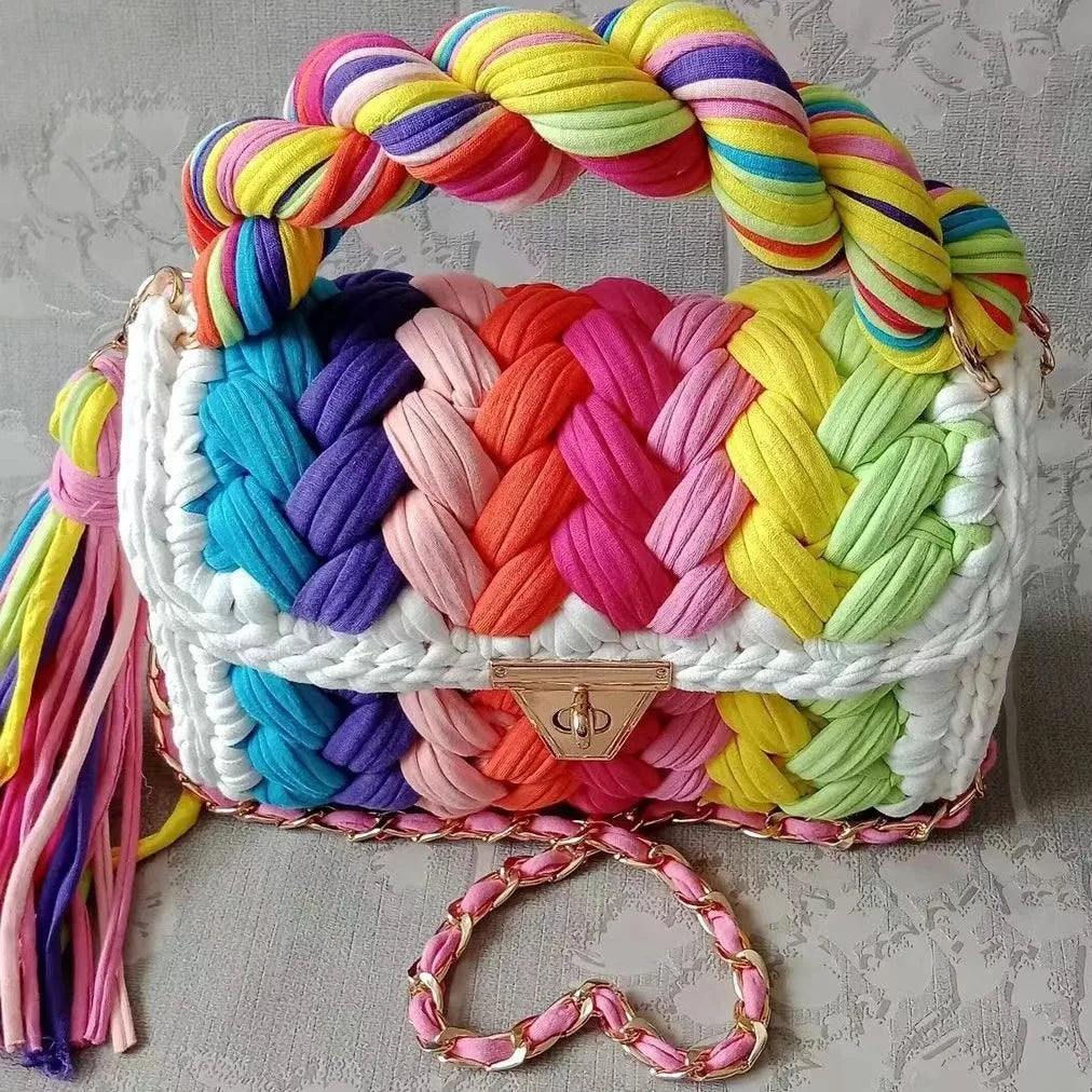 Lady Shoulder Bag Handmade Crochet Bag Woven Bag Fabric Strip Luxury Designer Handbag Purses for Women Tote Bags