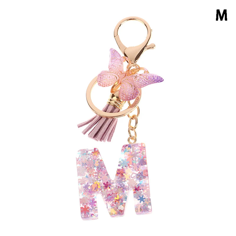 A-Z Dreamy Sequin Letters Keychain For Women Tassel Butterfly Pendant Initial Keyring Purse Suspension Bags Charms Car Key Chain