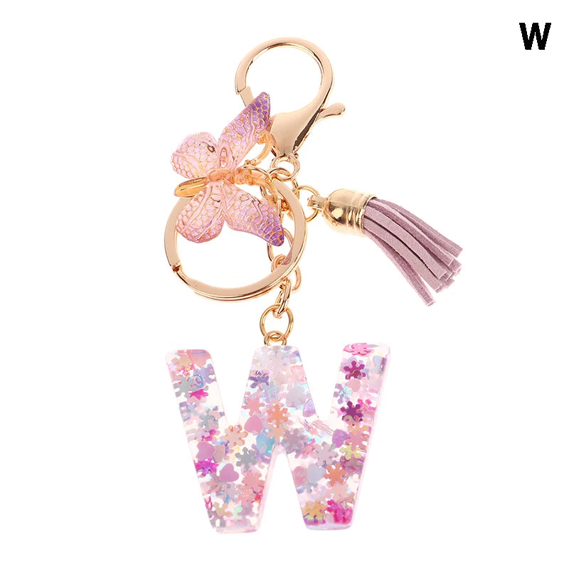 A-Z Dreamy Sequin Letters Keychain For Women Tassel Butterfly Pendant Initial Keyring Purse Suspension Bags Charms Car Key Chain