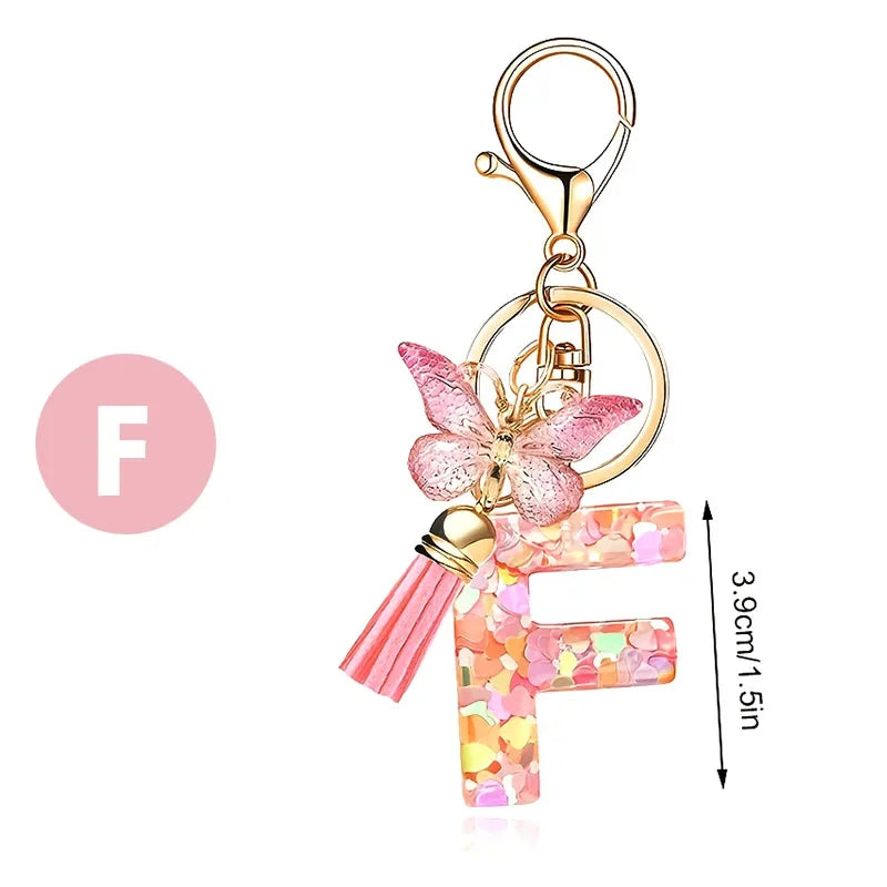 A-Z Dreamy Sequin Letters Keychain for Women Tassel Butterfly Pendant Initial Keyring Purse Suspension Bags Charms Car Key Chain