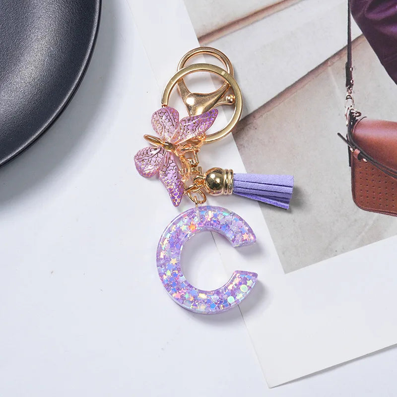 A To Z Purple Stars Filled Letter Keychain 26 Initials Alphabet Butterfly Tassel Charms Keyrings Bag Ornament Car Trinket Gift
