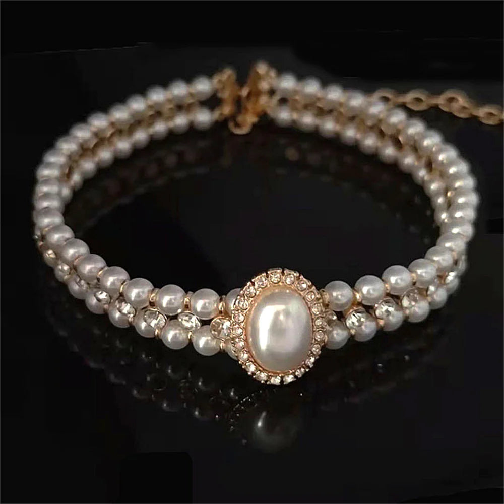 Women Elegant Pearl Double Layers Necklace Earrings Exquisite Vintage Classic Chains For Lady Party Wedding Retro Jewelry Choker