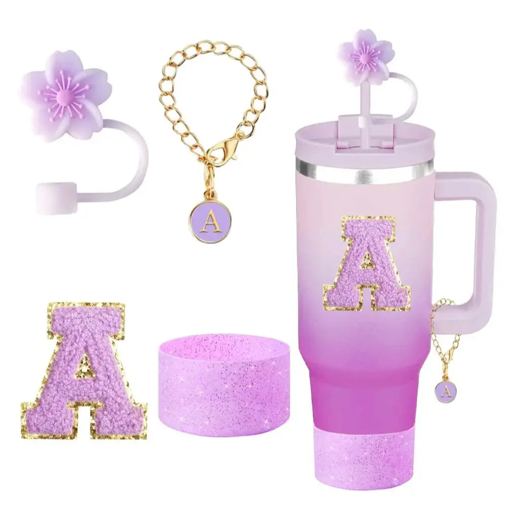4Pcs Set for Stanley Cup Accessories, Including Initial Silicone Straw Lid, Name ID Letter,Selfadhesive Lette,Cup Sleeve(purper)