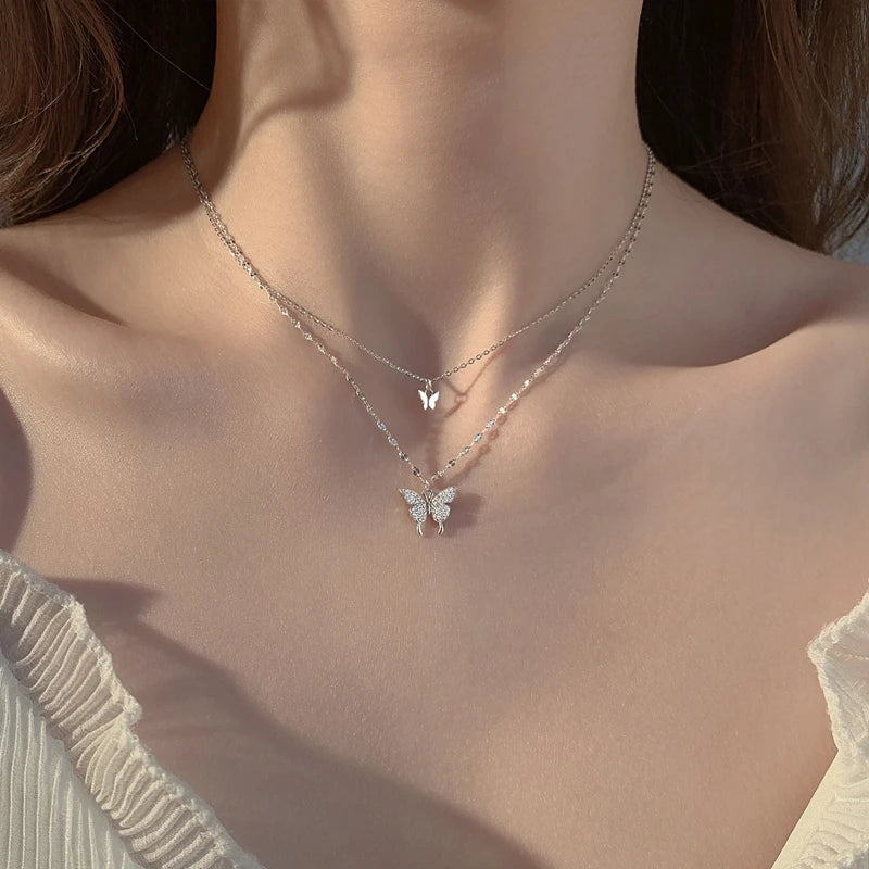 New 925 Sterling Silver Shiny Butterfly Pendent Necklace Women Exquisite Double Layer Clavicle Chain Necklace Jewelry Gift