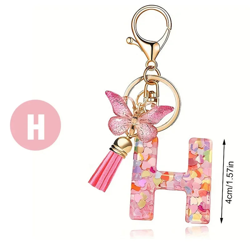 A-Z Dreamy Sequin Letters Keychain for Women Tassel Butterfly Pendant Initial Keyring Purse Suspension Bags Charms Car Key Chain