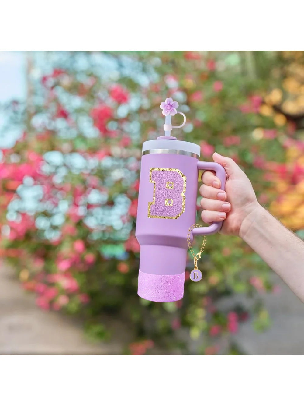 4Pcs Set for Stanley Cup Accessories, Including Initial Silicone Straw Lid, Name ID Letter,Selfadhesive Lette,Cup Sleeve(purper)