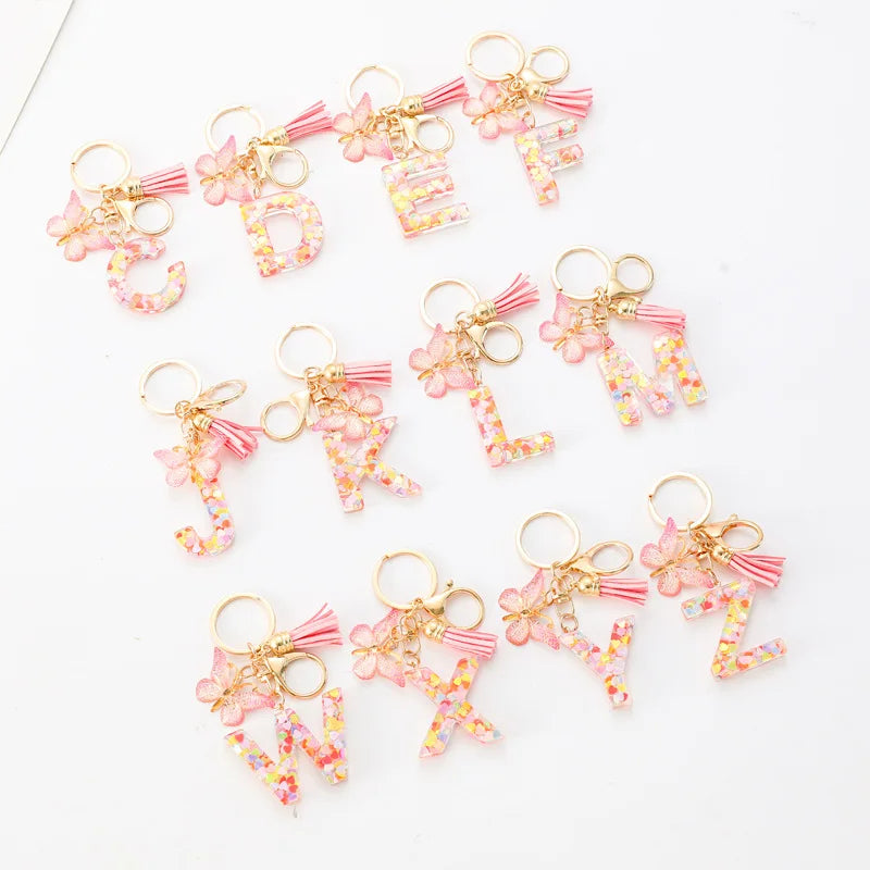 A-Z Dreamy Sequin Letters Keychain for Women Tassel Butterfly Pendant Initial Keyring Purse Suspension Bags Charms Car Key Chain