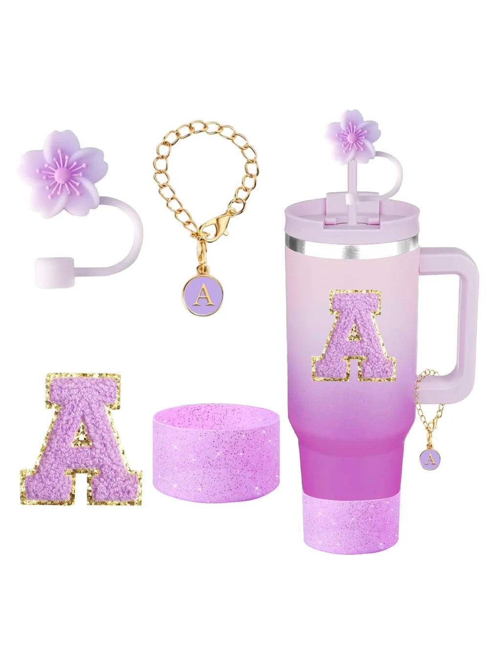 4Pcs Set for Stanley Cup Accessories, Including Initial Silicone Straw Lid, Name ID Letter,Selfadhesive Lette,Cup Sleeve(purper)