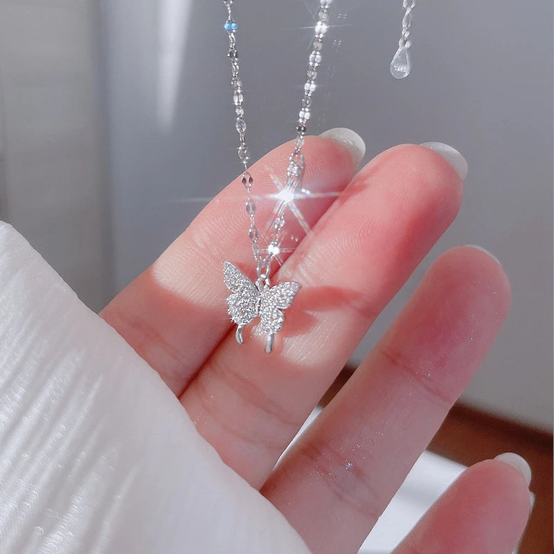 New 925 Sterling Silver Shiny Butterfly Pendent Necklace Women Exquisite Double Layer Clavicle Chain Necklace Jewelry Gift