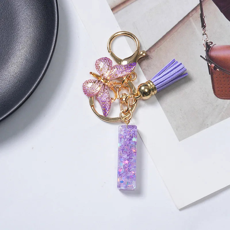 A To Z Purple Stars Filled Letter Keychain 26 Initials Alphabet Butterfly Tassel Charms Keyrings Bag Ornament Car Trinket Gift