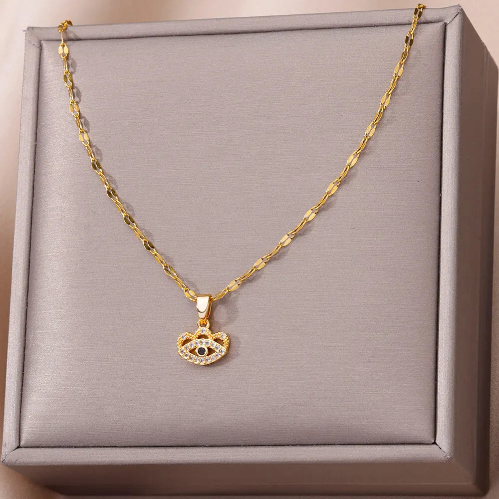 Trend Zircon Devil's Eye Pendant Necklace For Women Gold Color Stainless Steel Double Layer Lip Chain Choker Jewelry Wholesale