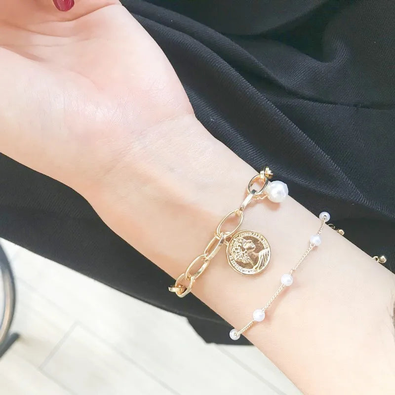Simple Elegant Imitation Pearl Bracelets Gold Color Beads Chain for Womens Goth Chain Bracelet Bangles Trend Jewelry Gift