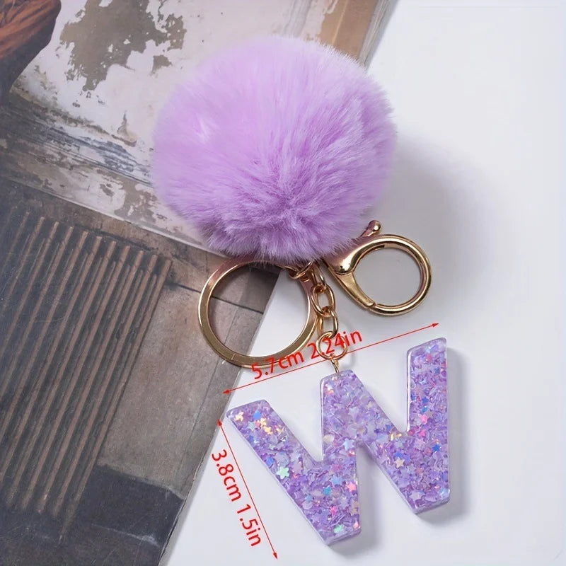 A-Z 26 Alphabet Letter keychain resin star sequin key ring cute purple plush ball keychain women's bag pendant fashion gift