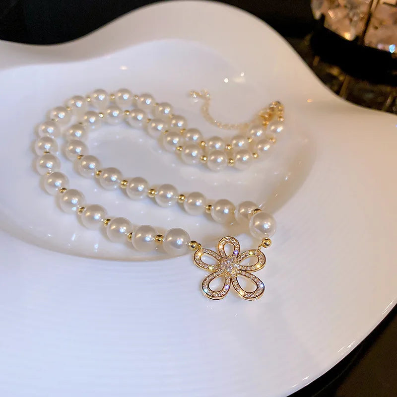 2023 New Fashion Trend Unique Design Delicate Vintage Zircon Flower Pearl Necklace Women Jewelry Wedding Party Premium Gift