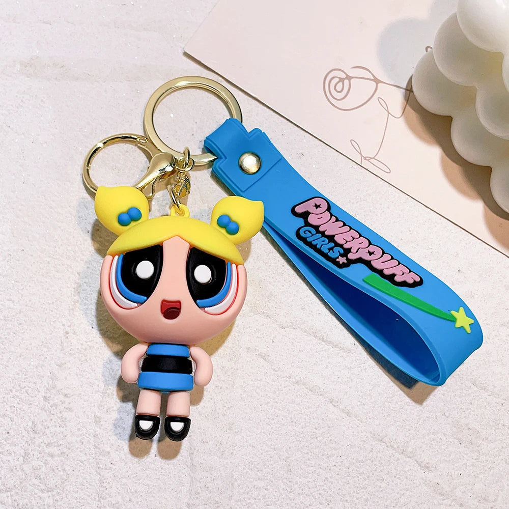 The Powerpuff Girls Creative Keychain for Women Men Fans Cartoon Cute Silicone Doll Pendant Keyring Gifts Keys Holder