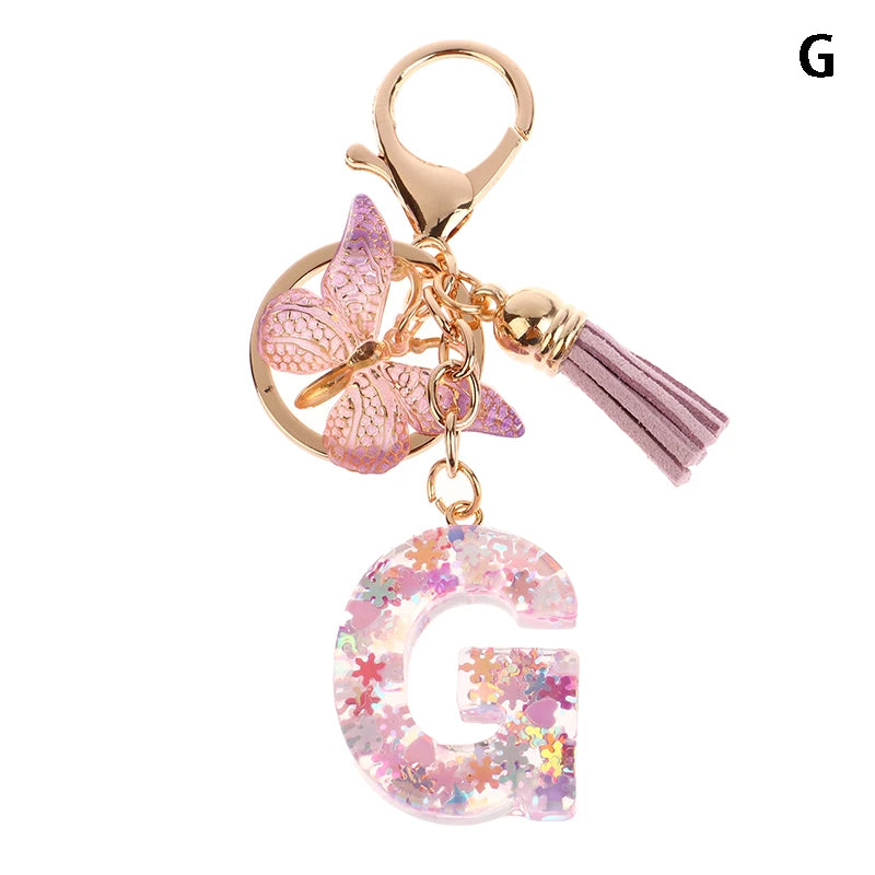 A-Z Dreamy Sequin Letters Keychain For Women Tassel Butterfly Pendant Initial Keyring Purse Suspension Bags Charms Car Key Chain