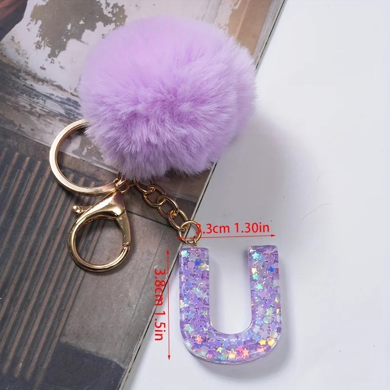 A-Z 26 Alphabet Letter keychain resin star sequin key ring cute purple plush ball keychain women's bag pendant fashion gift