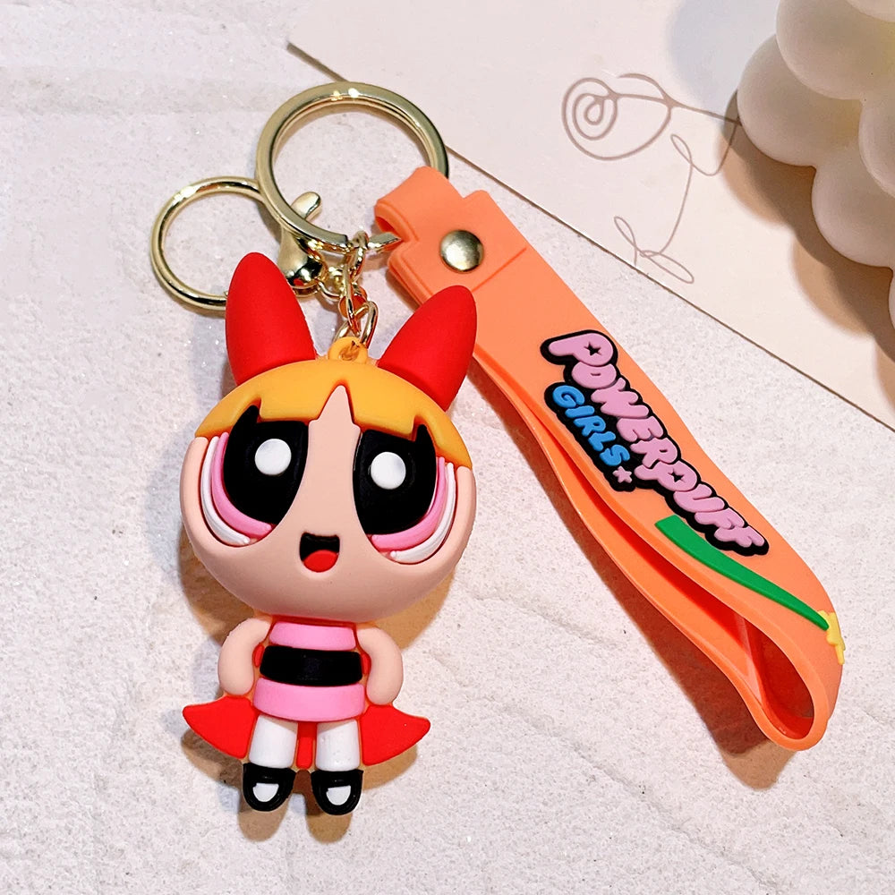 The Powerpuff Girls Creative Keychain for Women Men Fans Cartoon Cute Silicone Doll Pendant Keyring Gifts Keys Holder