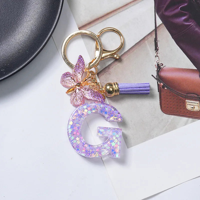 A To Z Purple Stars Filled Letter Keychain 26 Initials Alphabet Butterfly Tassel Charms Keyrings Bag Ornament Car Trinket Gift