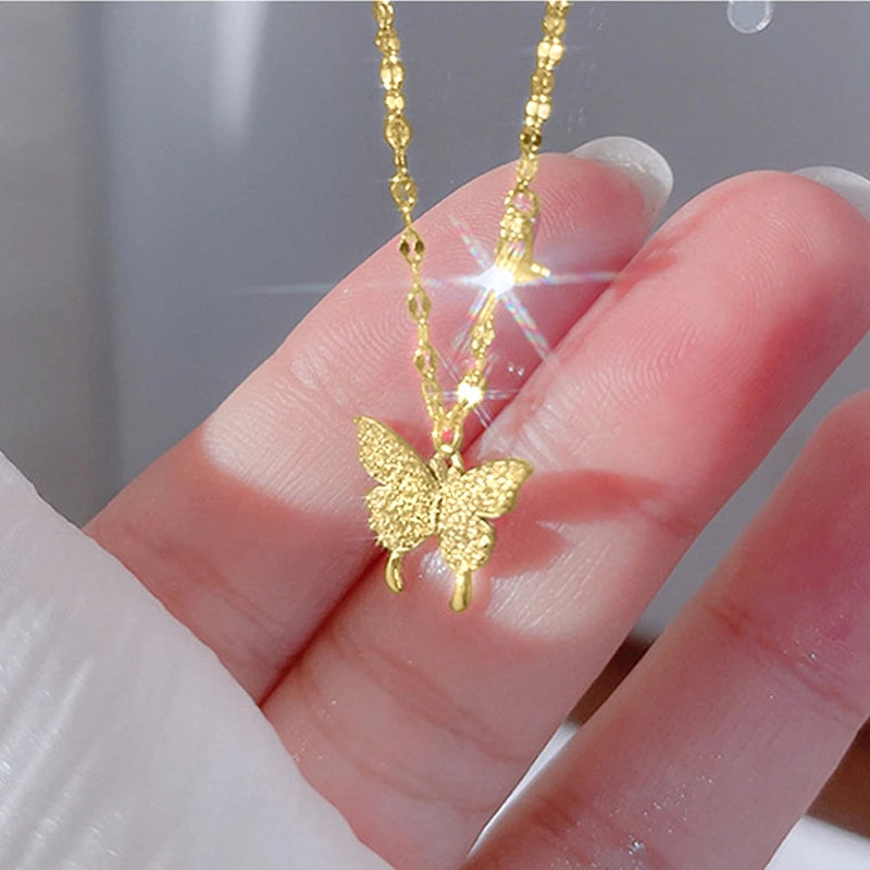 New 925 Sterling Silver Shiny Butterfly Pendent Necklace Women Exquisite Double Layer Clavicle Chain Necklace Jewelry Gift