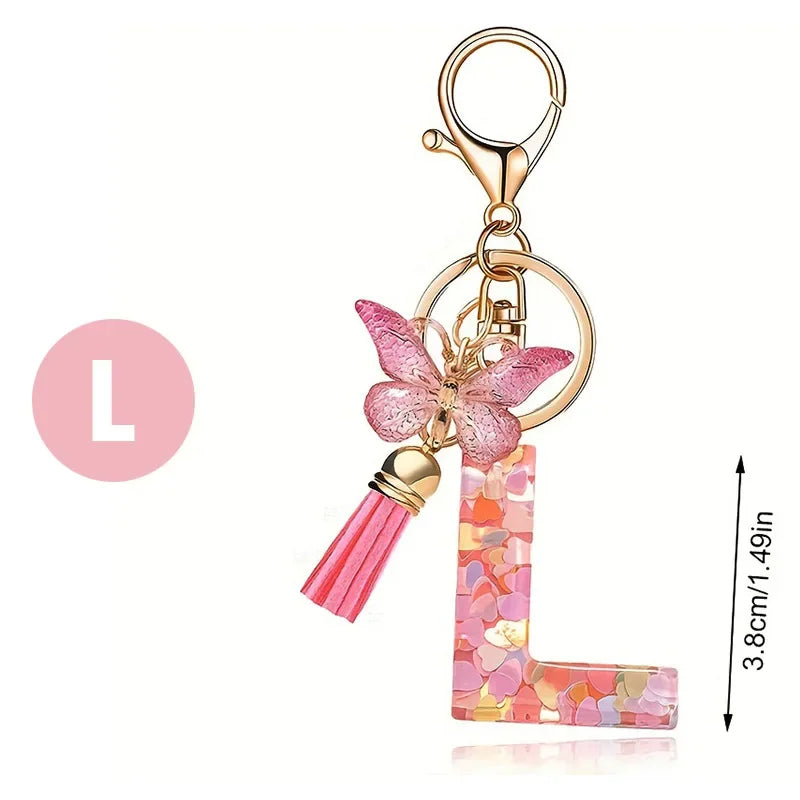 A-Z Dreamy Sequin Letters Keychain for Women Tassel Butterfly Pendant Initial Keyring Purse Suspension Bags Charms Car Key Chain