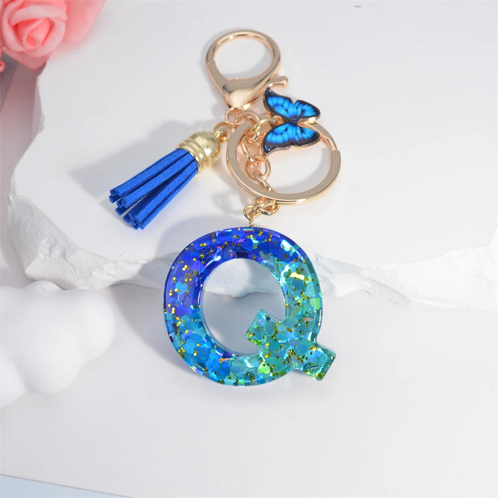 26 English Alphabet Letter Tassels Keychain Crystal Acrylic Butterfly Pendent Key Chain Women Gift Fashion Jewelry Accessories
