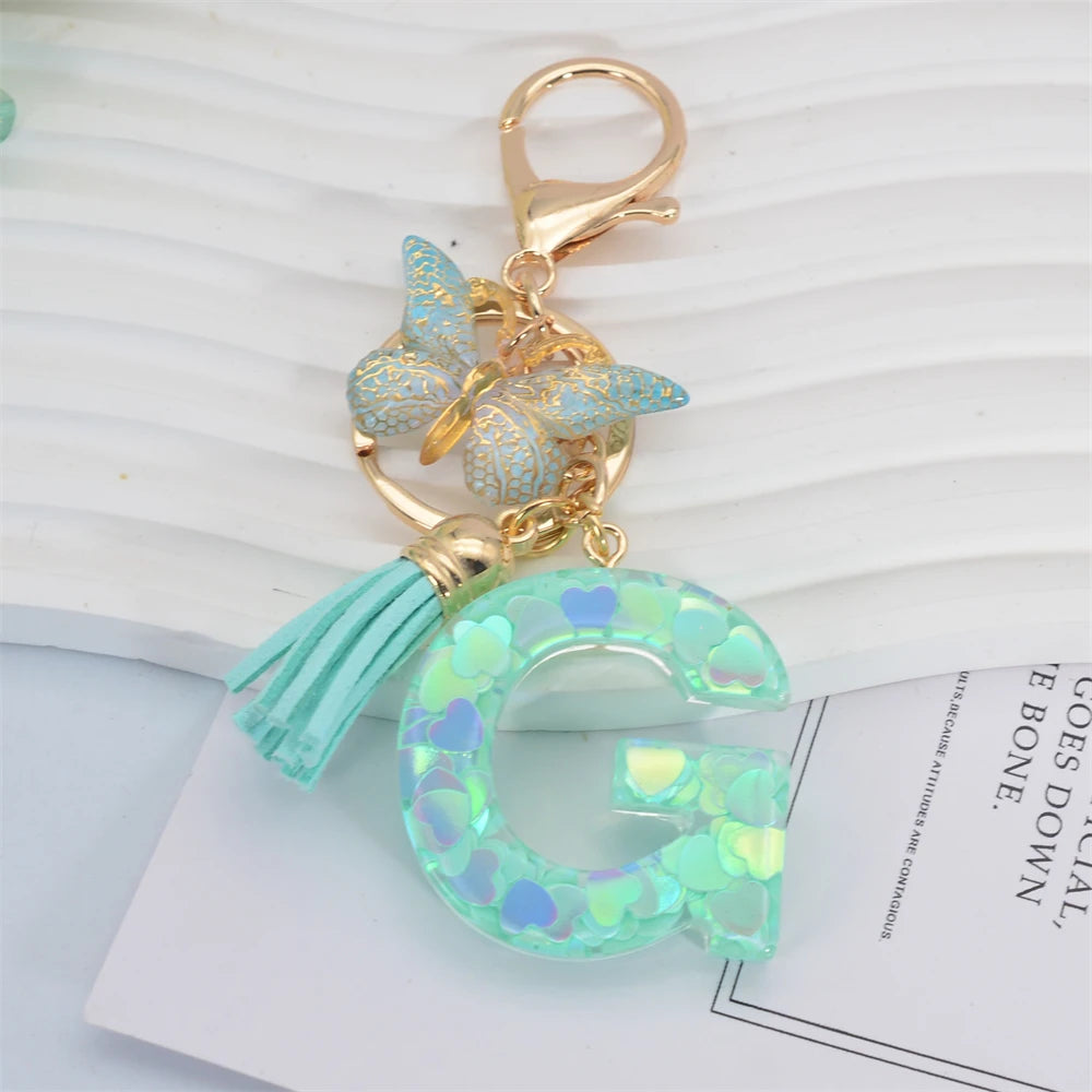 Fashion Green Tassel Butterfly 26Letter Keychain Heart-shaped Sequin Filled Resin Alphabet Keyring for Women Car Handbag Pendant
