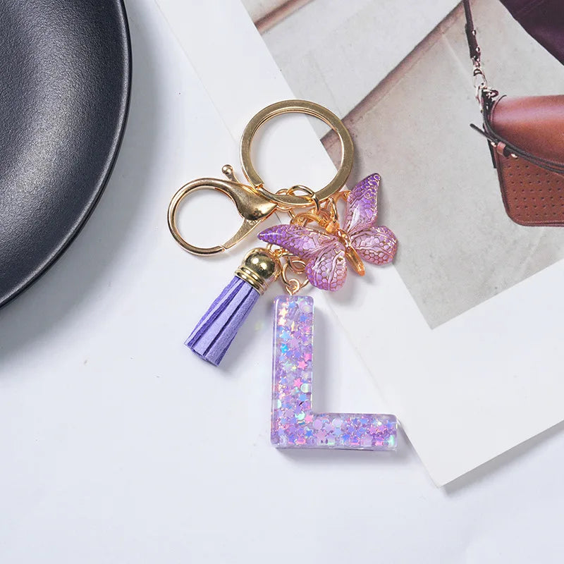 A To Z Purple Stars Filled Letter Keychain 26 Initials Alphabet Butterfly Tassel Charms Keyrings Bag Ornament Car Trinket Gift