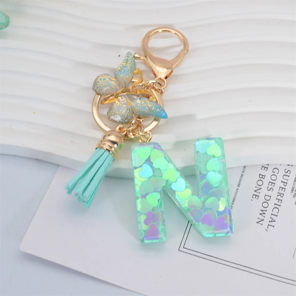 Fashion Green Tassel Butterfly 26Letter Keychain Heart-shaped Sequin Filled Resin Alphabet Keyring for Women Car Handbag Pendant