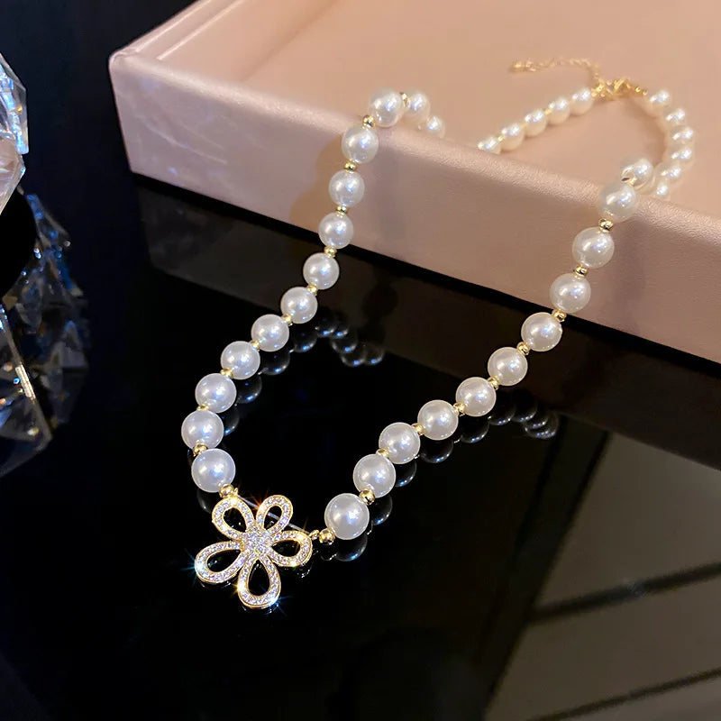 2023 New Fashion Trend Unique Design Delicate Vintage Zircon Flower Pearl Necklace Women Jewelry Wedding Party Premium Gift