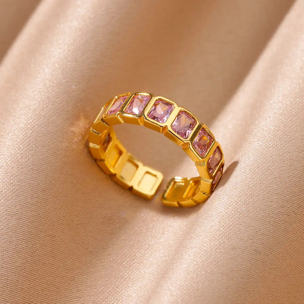 Colorful Cubic Zircon Ring for Women Stainless Steel Gold Color Open Ring Vintage Boho Wedding Party Jewelry Gift Accessories