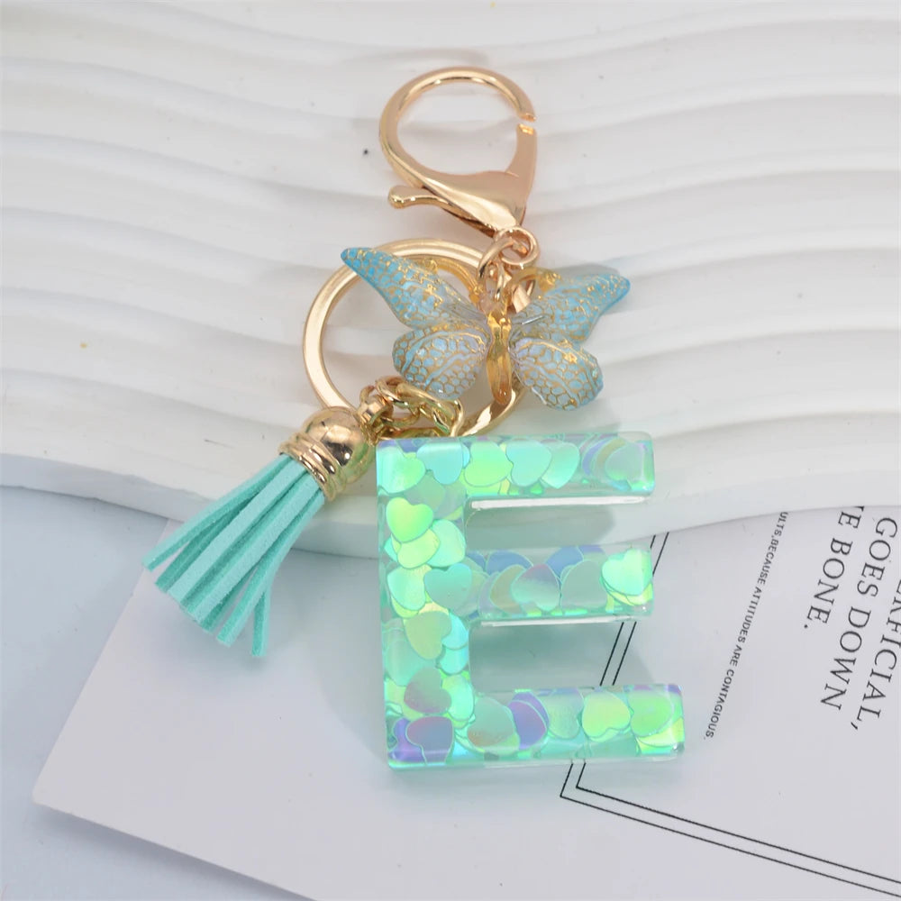 Fashion Green Tassel Butterfly 26Letter Keychain Heart-shaped Sequin Filled Resin Alphabet Keyring for Women Car Handbag Pendant