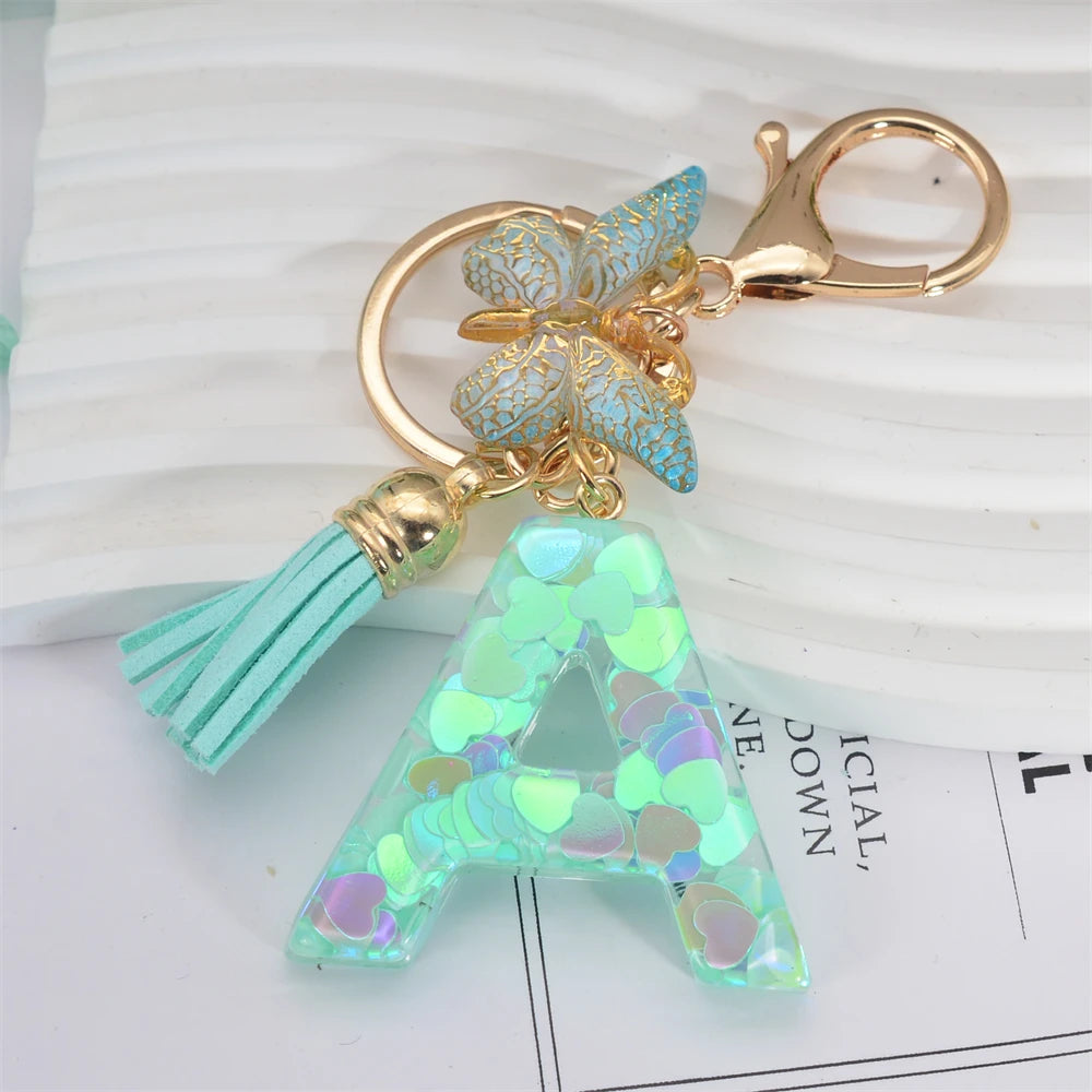 Fashion Green Tassel Butterfly 26Letter Keychain Heart-shaped Sequin Filled Resin Alphabet Keyring for Women Car Handbag Pendant