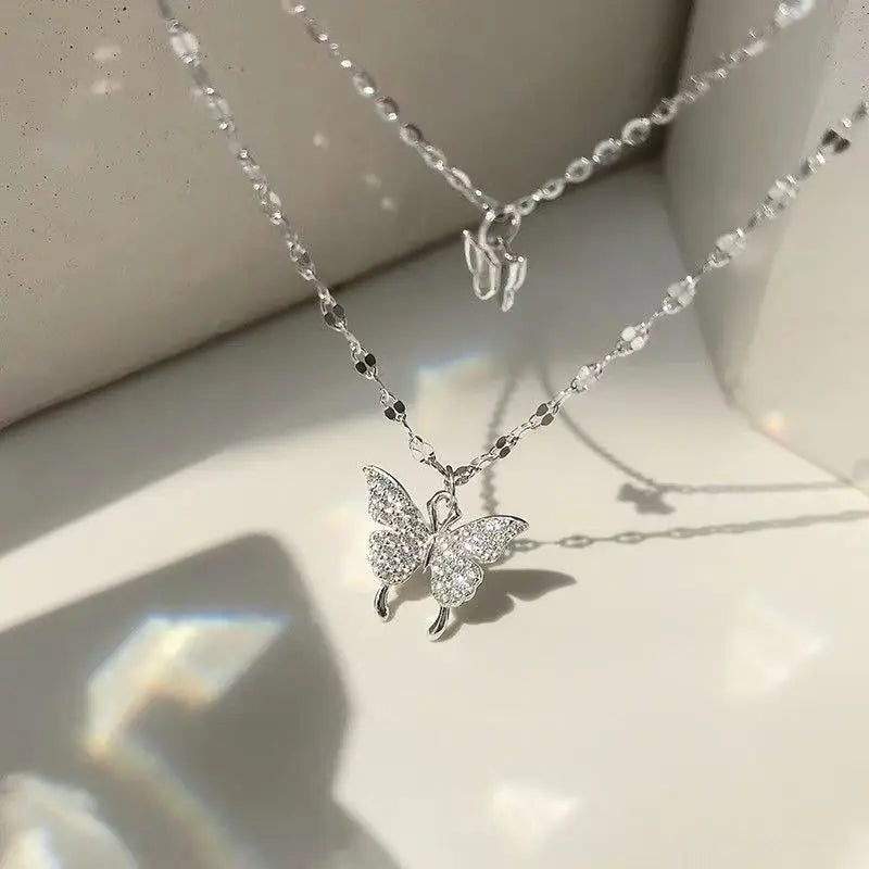 New 925 Sterling Silver Shiny Butterfly Pendent Necklace Women Exquisite Double Layer Clavicle Chain Necklace Jewelry Gift