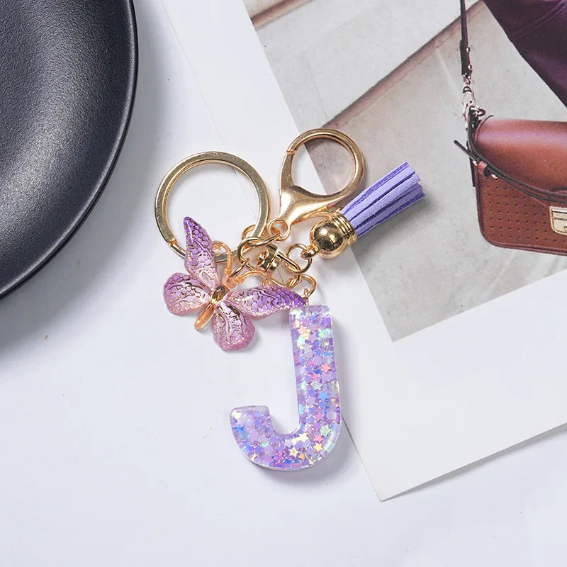 A To Z Purple Stars Filled Letter Keychain 26 Initials Alphabet Butterfly Tassel Charms Keyrings Bag Ornament Car Trinket Gift