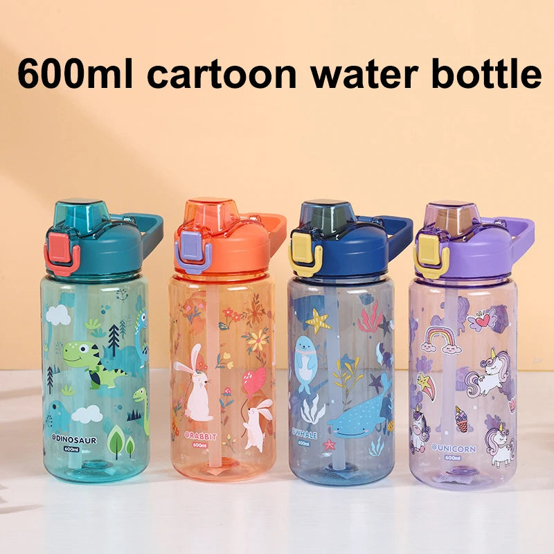 600ML Children Cartoon Animal Water Bottle Cup with Straw Portable Student Anti-falling Water Bottle Toddlers Beverage Kettle