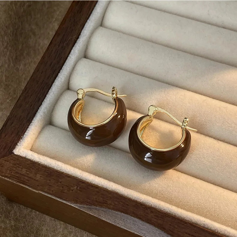 Gold Plating Dripping Coffee Color Tiger's-eye Stone Round U-shaped Hoop Earrings for Women Vintage Ear Buckles Fashion Jewelry