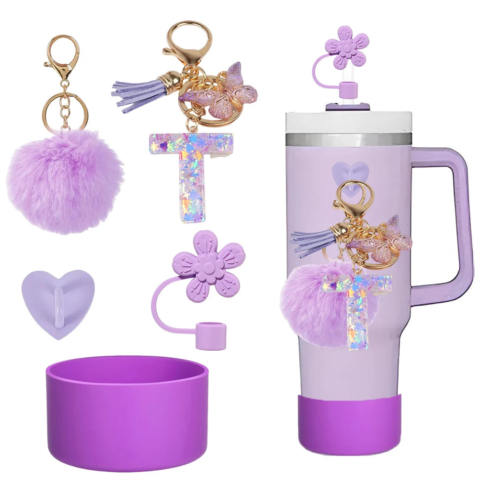5pcs Accessories Set For Stanley Tumbler with Handle Resin Alphabet Initial Letter Keychain Keyring for Women Purse Handbags