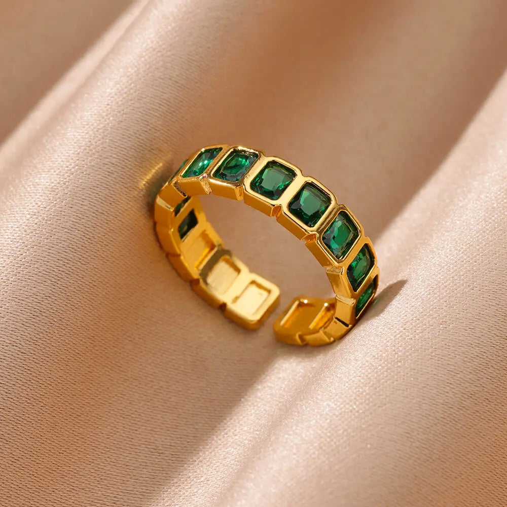 Colorful Cubic Zircon Ring for Women Stainless Steel Gold Color Open Ring Vintage Boho Wedding Party Jewelry Gift Accessories