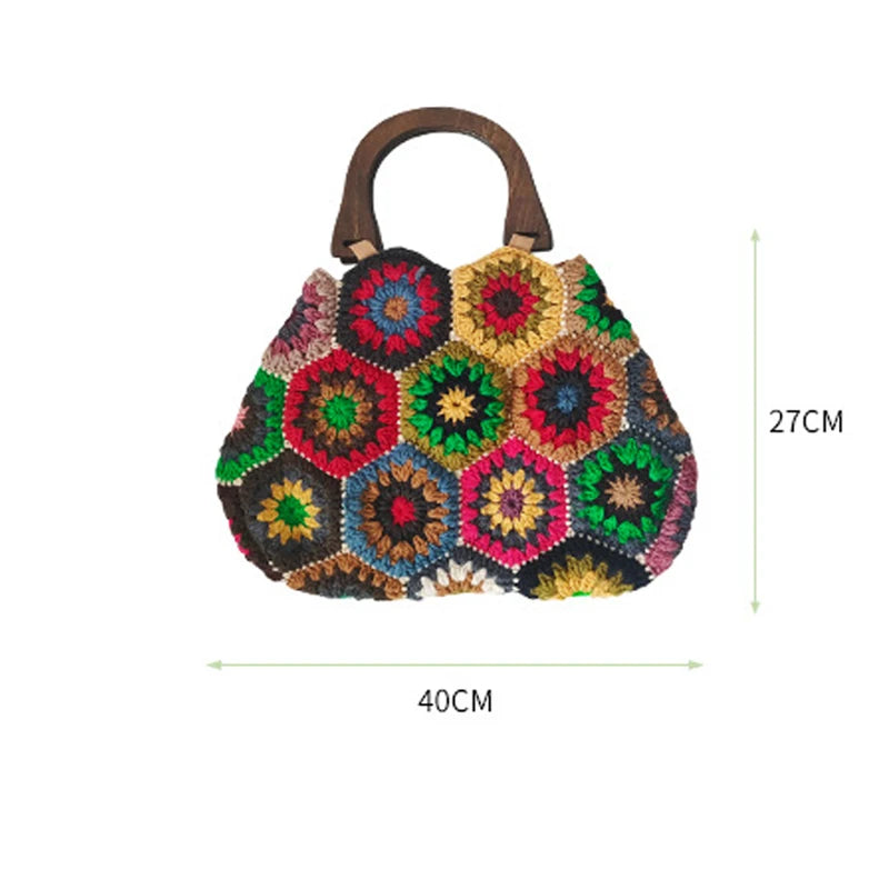 Bohemian Granny SquareCrochet Women Handbags Vintage Wooden Knitted Hand Bags Handmade Woven Large Tote Big Shopper Purses 2023
