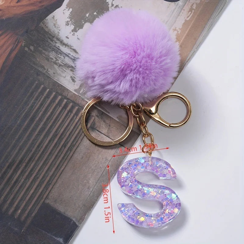A-Z 26 Alphabet Letter keychain resin star sequin key ring cute purple plush ball keychain women's bag pendant fashion gift