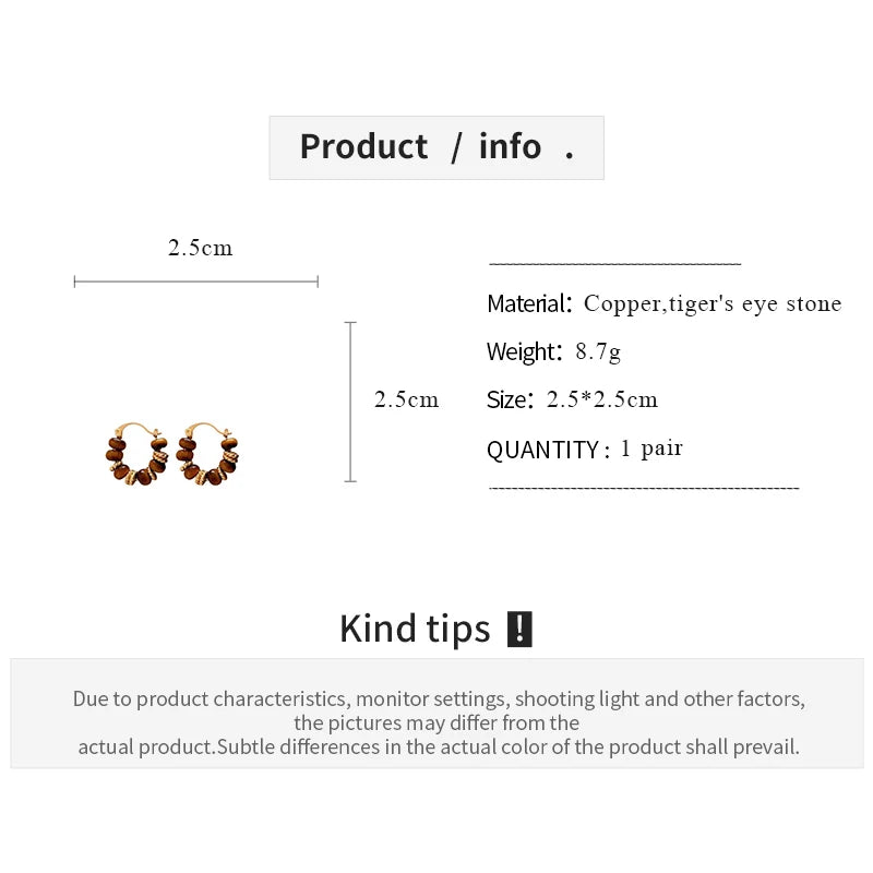 Gold Plating Dripping Coffee Color Tiger's-eye Stone Round U-shaped Hoop Earrings for Women Vintage Ear Buckles Fashion Jewelry