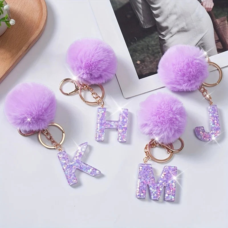 A-Z 26 Alphabet Letter keychain resin star sequin key ring cute purple plush ball keychain women's bag pendant fashion gift