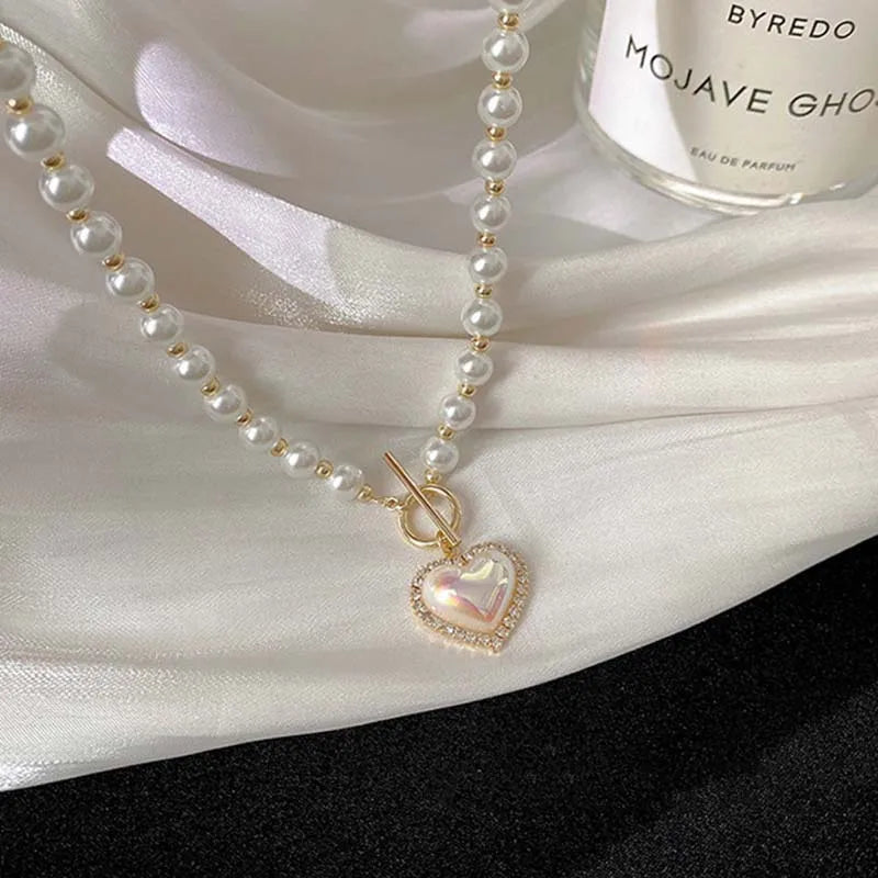 Korean Elegant Big White Imitation Pearl Bead Necklace for Women Heart Shaped Necklace Sweet Wedding Party Jewelry Girls Gifts