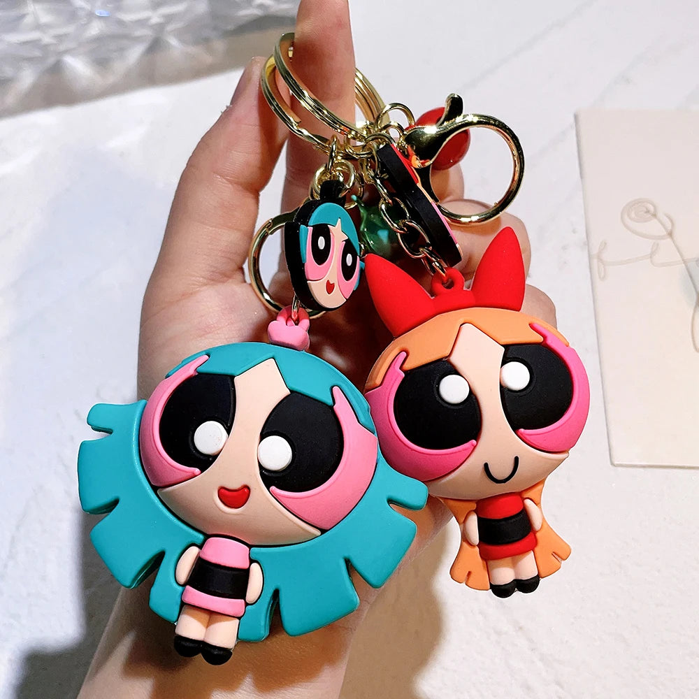 The Powerpuff Girls Creative Keychain for Women Men Fans Cartoon Cute Silicone Doll Pendant Keyring Gifts Keys Holder
