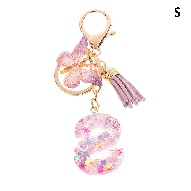 A-Z Dreamy Sequin Letters Keychain For Women Tassel Butterfly Pendant Initial Keyring Purse Suspension Bags Charms Car Key Chain