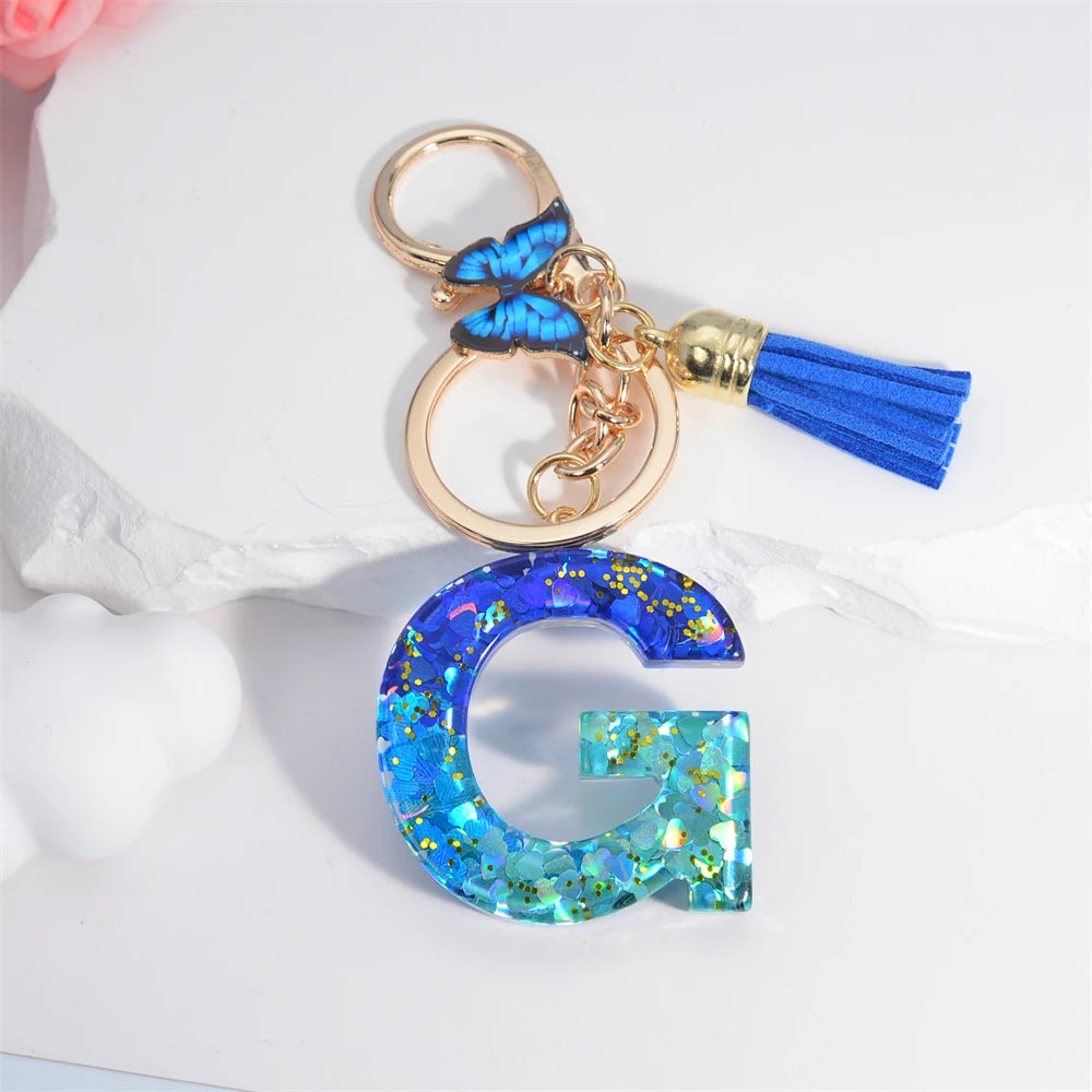 26 English Alphabet Letter Tassels Keychain Crystal Acrylic Butterfly Pendent Key Chain Women Gift Fashion Jewelry Accessories